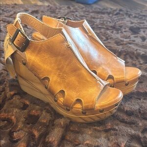 Women's Bedstu Tan Leather Wedge Sandals